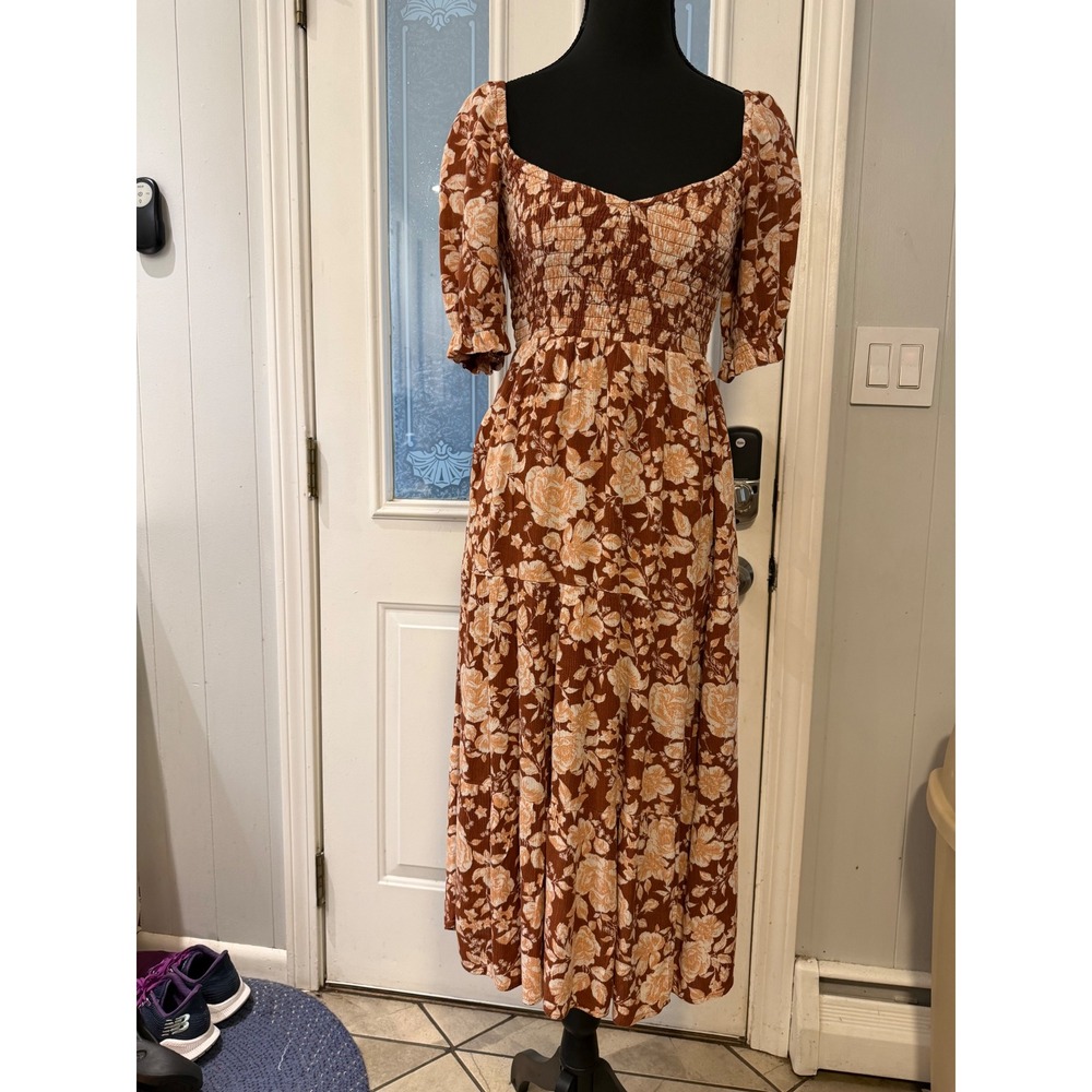 Floral Smocked Midi Dress Rust Orange Cream Puff Sleeve Tiered Boho Cottagecore